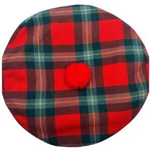 Vintage Totem Brand Tam O' Shanter Cap Red Tartan Plaid 100% Wool Hat Size 7 SM